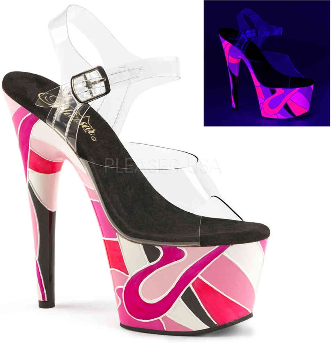 EU 39 = US 9 | ADORE-708UVR | 7 Heel, 2 3/4 UV Reactive PF Ankle Strap Sandal